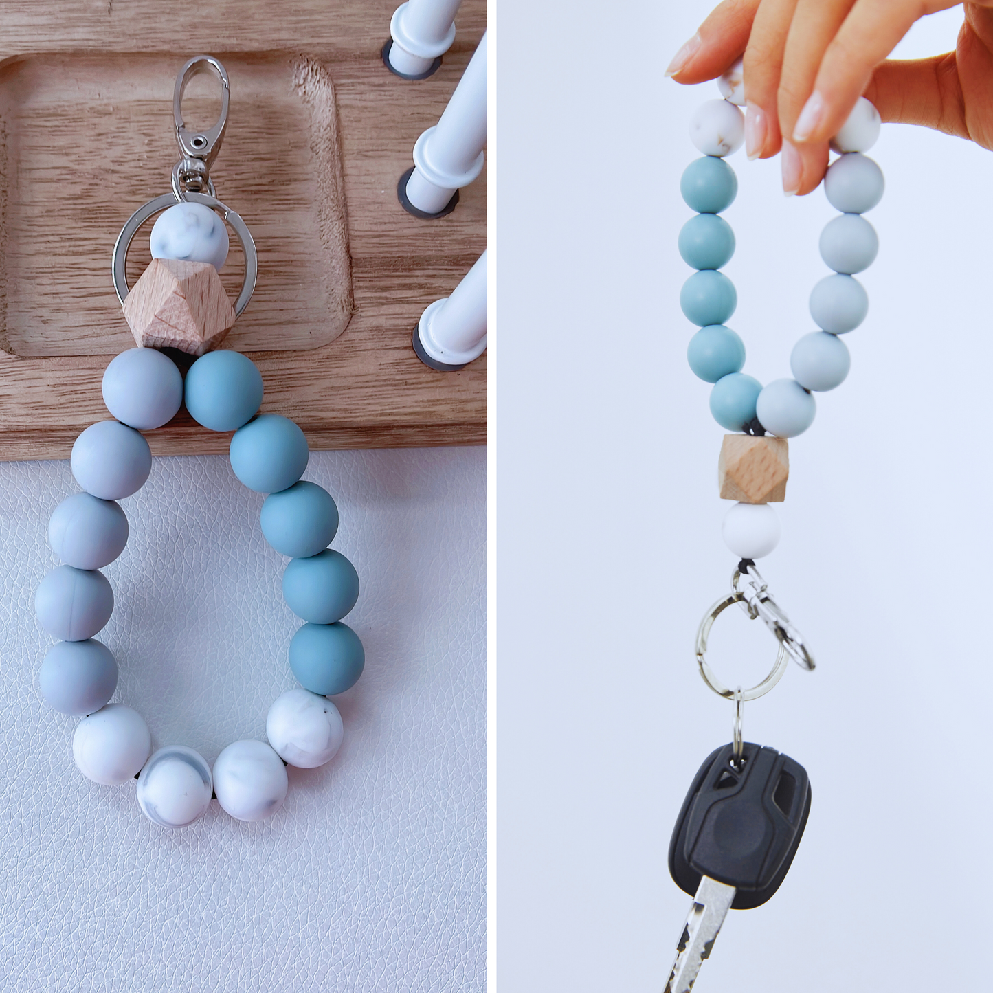 CHABAEBAE Wristlet Keychain, Marble Bracelet Key Holder, Beaded Wrist Keychain